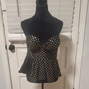 Betsey Johnson Black and Gold Polka Dot Bathing Suit Top NWT